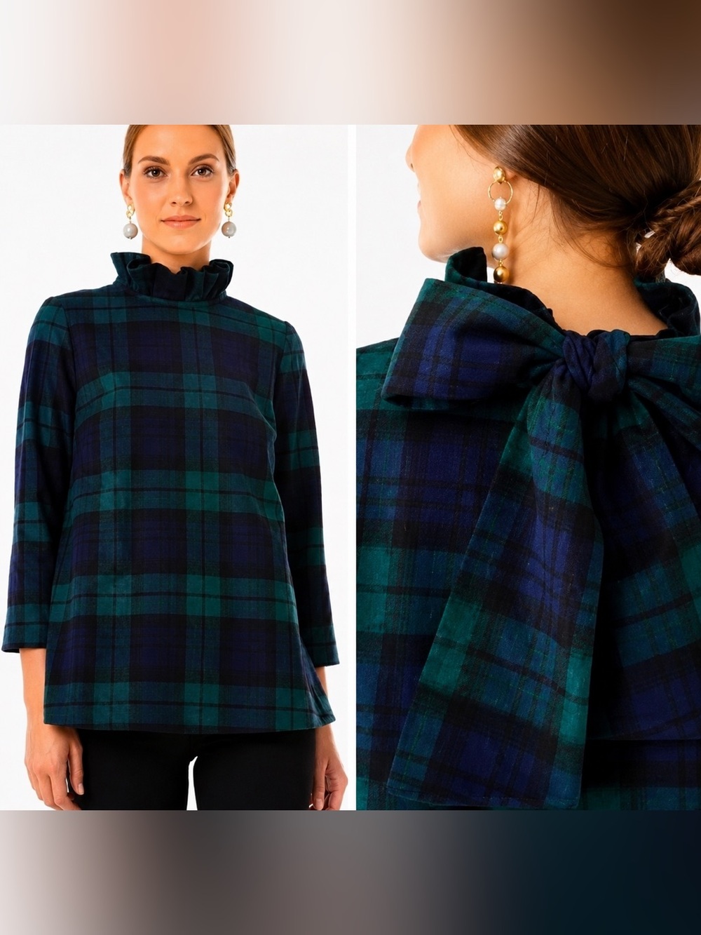 Tuckernuck XS Blackwatch Plaid Faye Bow Back Tunic Top Ruffle Neck